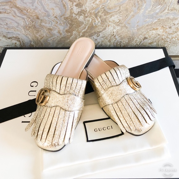 Gucci GG Marmont Gold Metallic Fringe Mule Loafers - Picture 9 of 12